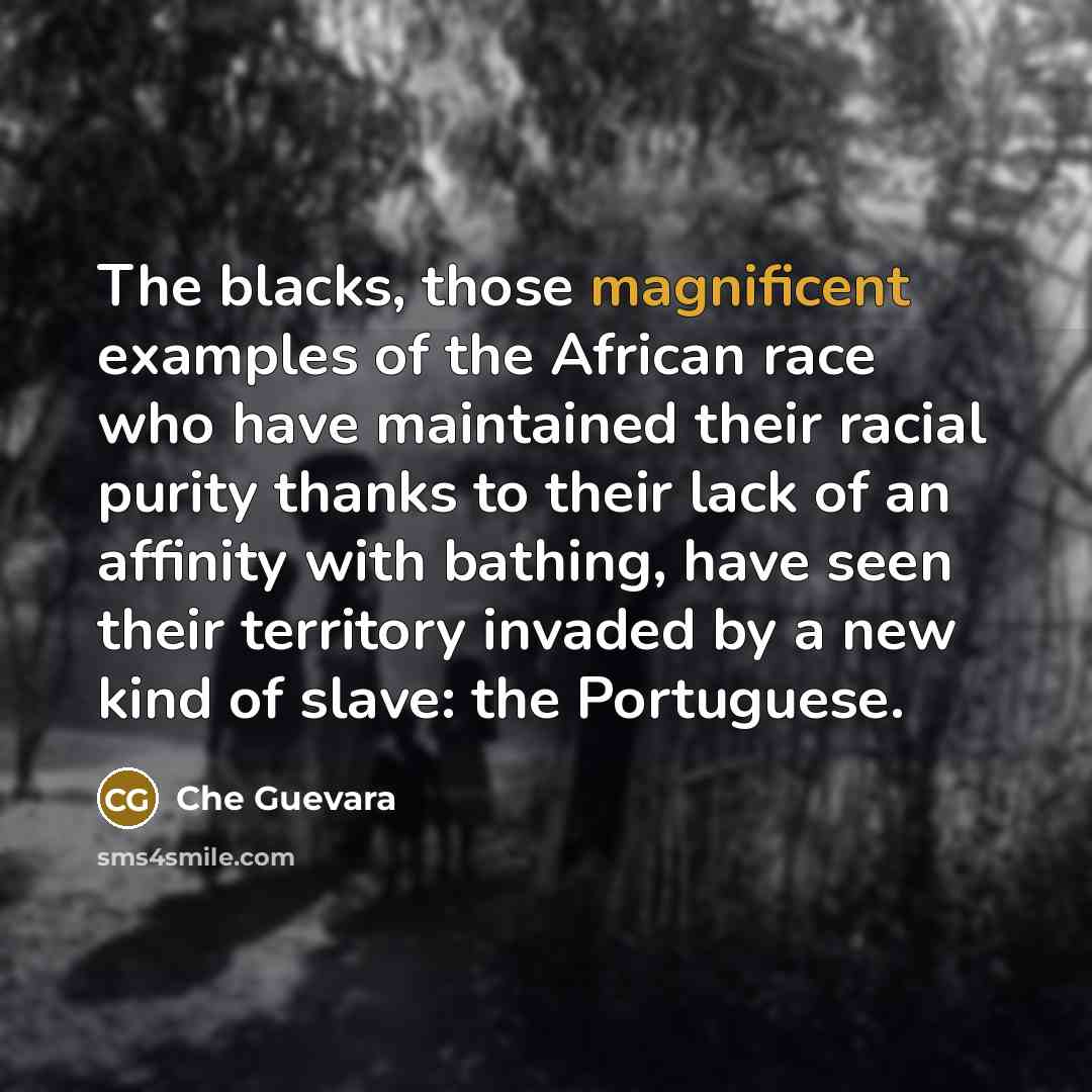 “The blacks, those magnificent examples of the African race who have maintained their racial purity thanks to their lack of an affinity with bathing, have seen their territory invaded by a new kind of slave: the Portuguese.” quote by Che Guevara