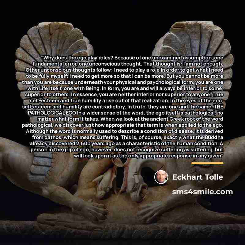 “Why does the ego play roles? Because of one unexamined assumption, one fundamental error, one unconscious thought. That thought is: I am not enough. Other unconscious thoughts follow: I need to play a role in order to get what I need to be fully myself; I need to get more so that I can be more…” quote by Eckhart Tolle