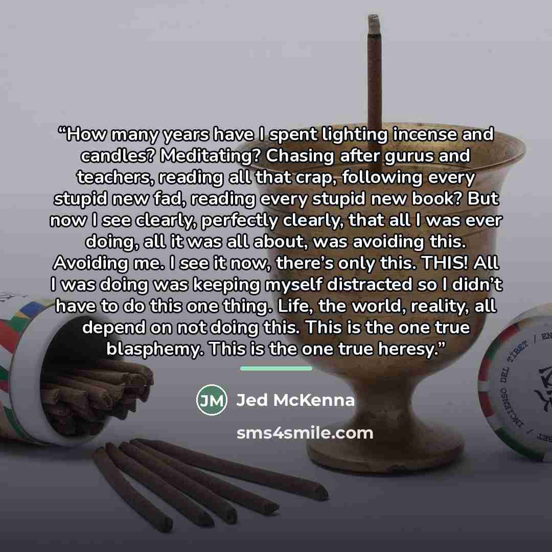 “How many years have I spent lighting incense and candles? Meditating? Chasing after gurus and teachers, reading all that crap, following every stupid new fad, reading every stupid new book? But now I see clearly, perfectly clearly, that all I was ever doing, all it was all about, was avoiding…” quote by Jed McKenna