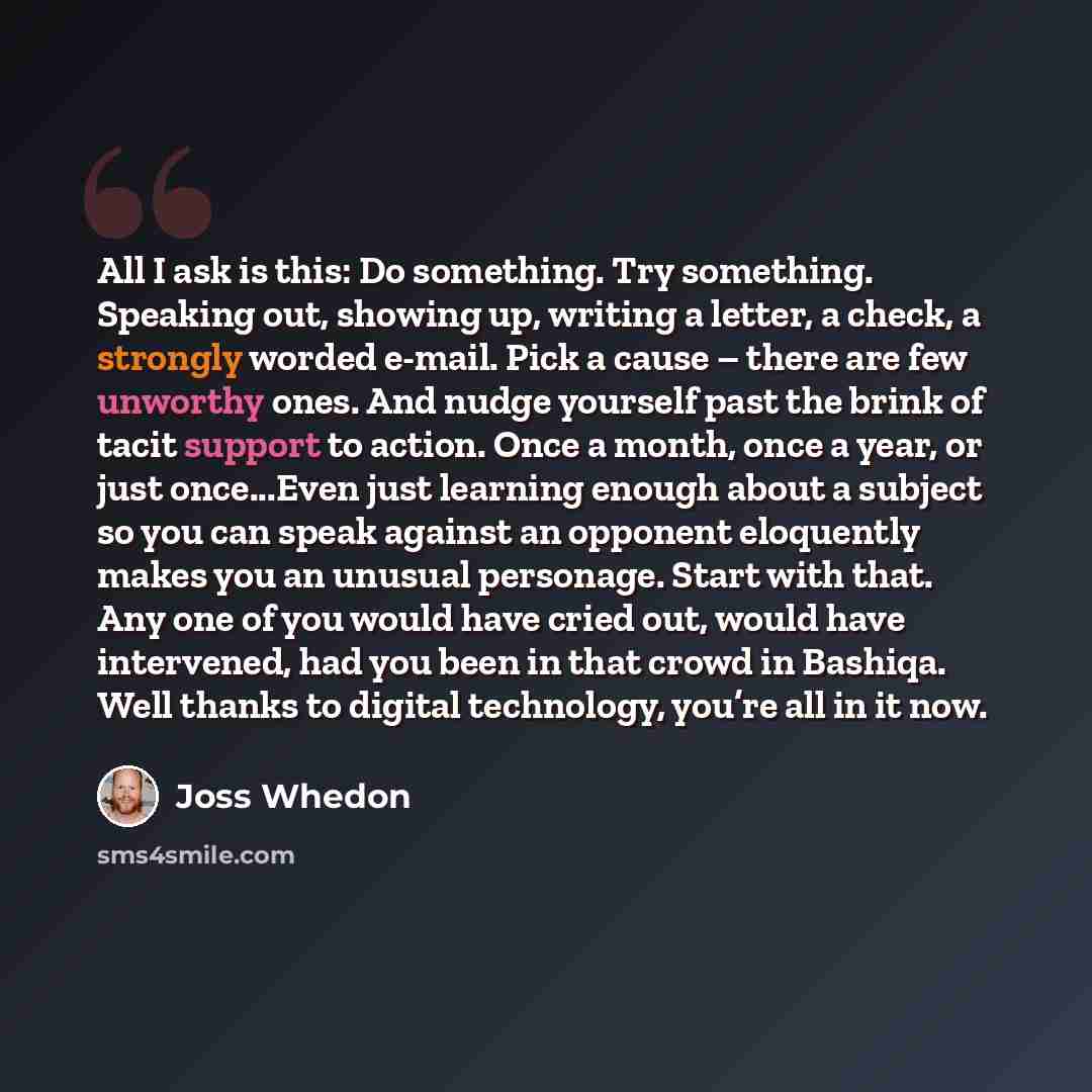 “All I ask is this: Do something. Try something. Speaking out, showing up, writing a letter, a check, a strongly worded e-mail. Pick a cause – there are few unworthy ones. And nudge yourself past the brink of tacit support to action. Once a month, once a year, or just once...Even just learning…” quote by Joss Whedon