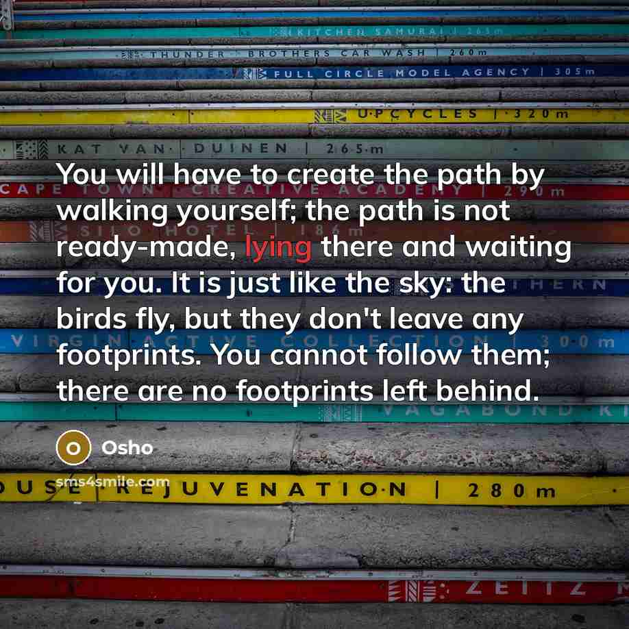 “You will have to create the path by walking yourself; the path is not ready-made, lying there and waiting for you. It is just like the sky: the birds fly, but they don't leave any footprints. You cannot follow them; there are no footprints left behind.” quote by Osho