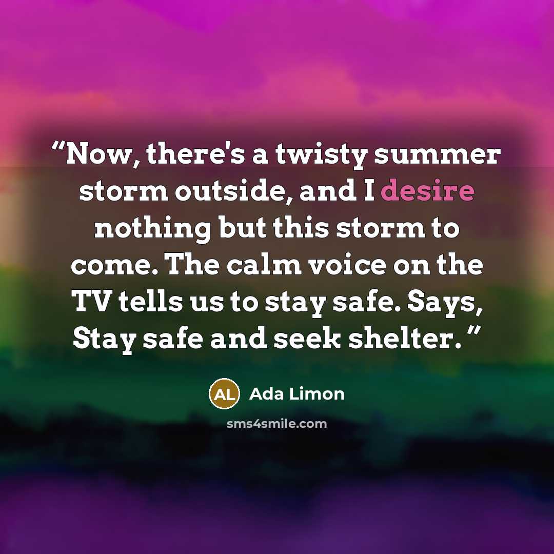 “Now, there's a twisty summer storm outside, and I desire nothing but this storm to come. The calm voice on the TV tells us to stay safe. Says, Stay safe and seek shelter.” quote by Ada Limon