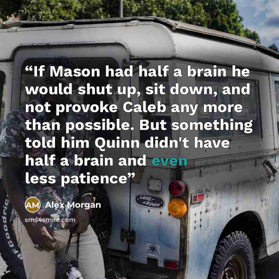 “If Mason had half a brain he would shut up, sit down, and not provoke Caleb any more than possible. But something told him Quinn didn't have half a brain and even less patience” quote by Alex Morgan