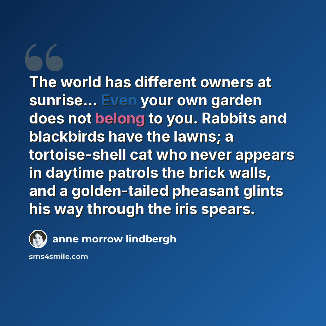 “The world has different owners at sunrise... Even your own garden does not belong to you. Rabbits and blackbirds have the lawns; a tortoise-shell cat who never appears in daytime patrols the brick walls, and a golden-tailed pheasant glints his way through the iris spears.” quote by Anne Morrow Lindbergh