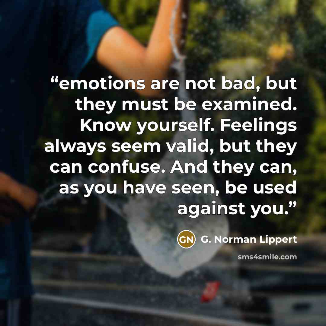 “emotions are not bad, but they must be examined. Know yourself. Feelings always seem valid, but they can confuse. And they can, as you have seen, be used against you.” quote by G. Norman Lippert