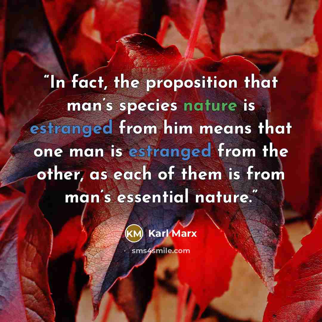 “In fact, the proposition that man’s species nature is estranged from him means that one man is estranged from the other, as each of them is from man’s essential nature.” quote by Karl Marx