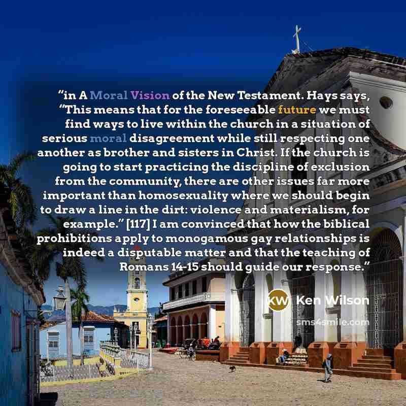 “in A Moral Vision of the New Testament. Hays says, “This means that for the foreseeable future we must find ways to live within the church in a situation of serious moral disagreement while still respecting one another as brother and sisters in Christ. If the church is going to start practicing…” quote by Ken Wilson