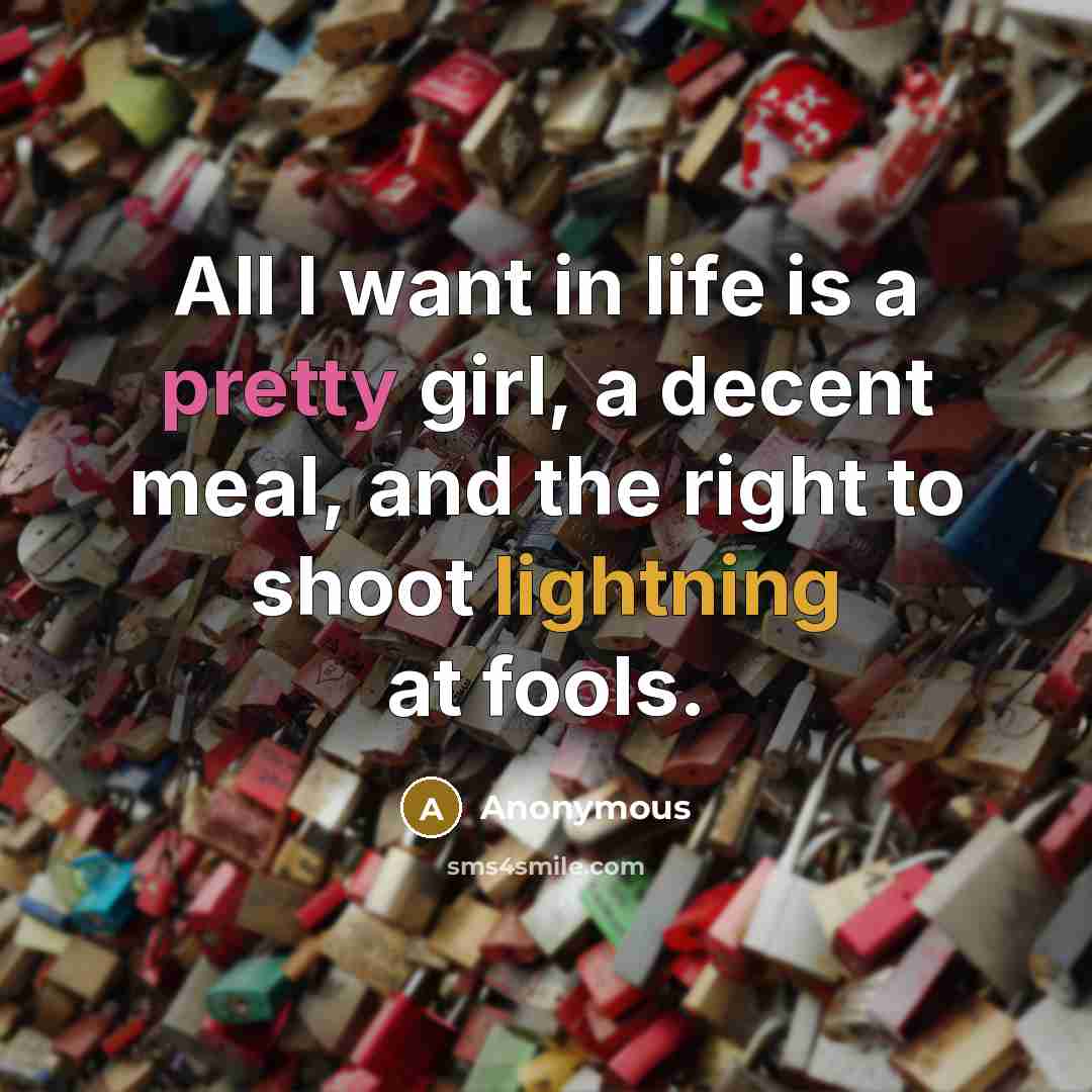 “All I want in life is a pretty girl, a decent meal, and the right to shoot lightning at fools.” quote by Anonymous