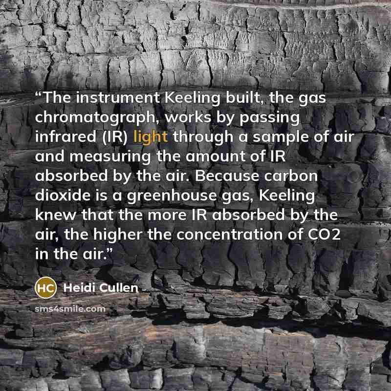 “The instrument Keeling built, the gas chromatograph, works by passing infrared (IR) light through a sample of air and measuring the amount of IR absorbed by the air. Because carbon dioxide is a greenhouse gas, Keeling knew that the more IR absorbed by the air, the higher the concentration of CO2…” quote by Heidi Cullen