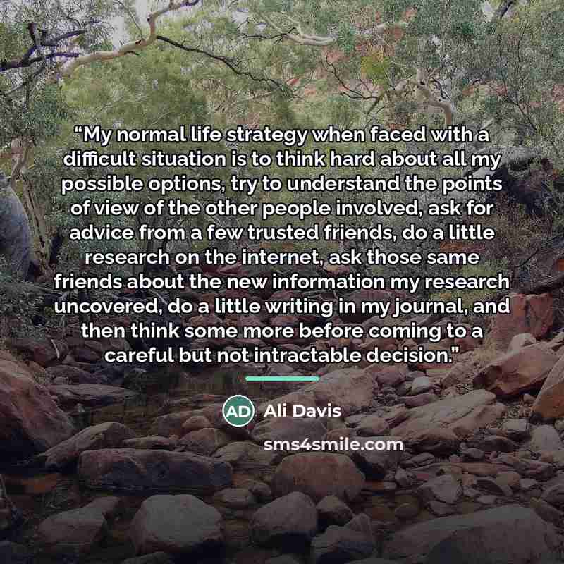“My normal life strategy when faced with a difficult situation is to think hard about all my possible options, try to understand the points of view of the other people involved, ask for advice from a few trusted friends, do a little research on the internet, ask those same friends about the new…” quote by Ali Davis
