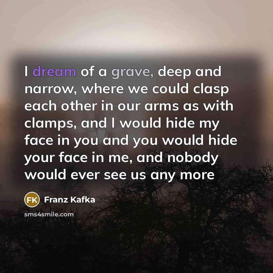 “I dream of a grave, deep and narrow, where we could clasp each other in our arms as with clamps, and I would hide my face in you and you would hide your face in me, and nobody would ever see us any more” quote by Franz Kafka