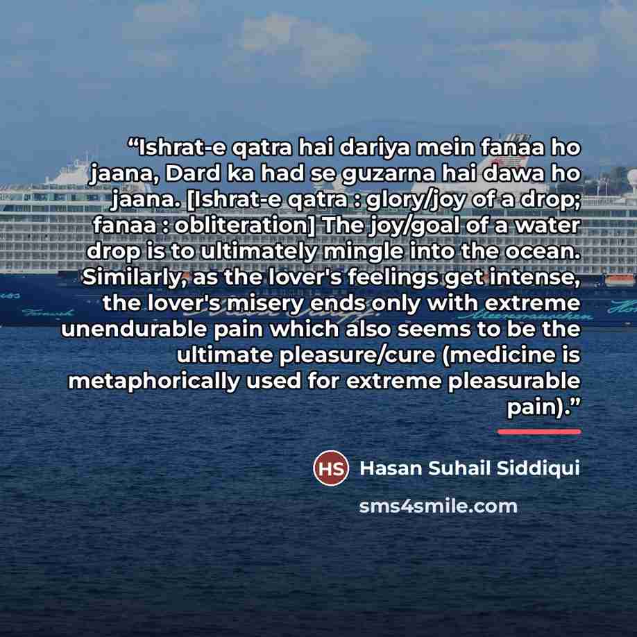 “Ishrat-e qatra hai dariya mein fanaa ho jaana, Dard ka had se guzarna hai dawa ho jaana. [Ishrat-e qatra : glory/joy of a drop; fanaa : obliteration] The joy/goal of a water drop is to ultimately mingle into the ocean. Similarly, as the lover's feelings get intense, the lover's misery ends only…” quote by Hasan Suhail Siddiqui