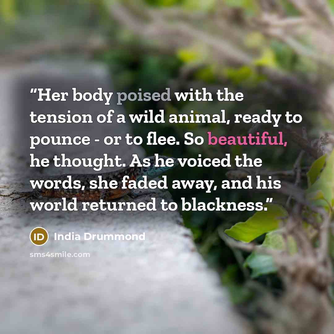 “Her body poised with the tension of a wild animal, ready to pounce - or to flee. So beautiful, he thought. As he voiced the words, she faded away, and his world returned to blackness.” quote by India Drummond