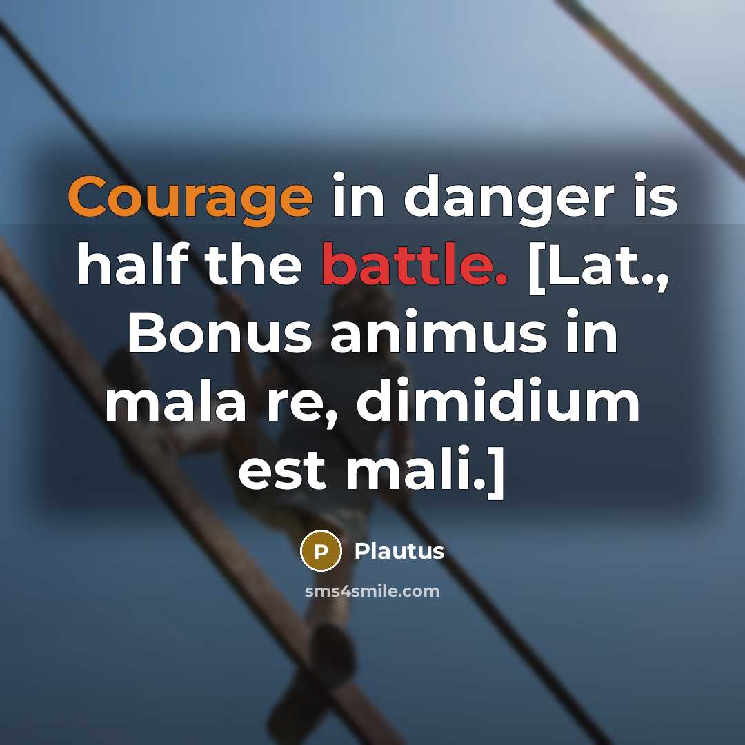 “Courage in danger is half the battle. [Lat., Bonus animus in mala re, dimidium est mali.]” quote by Plautus