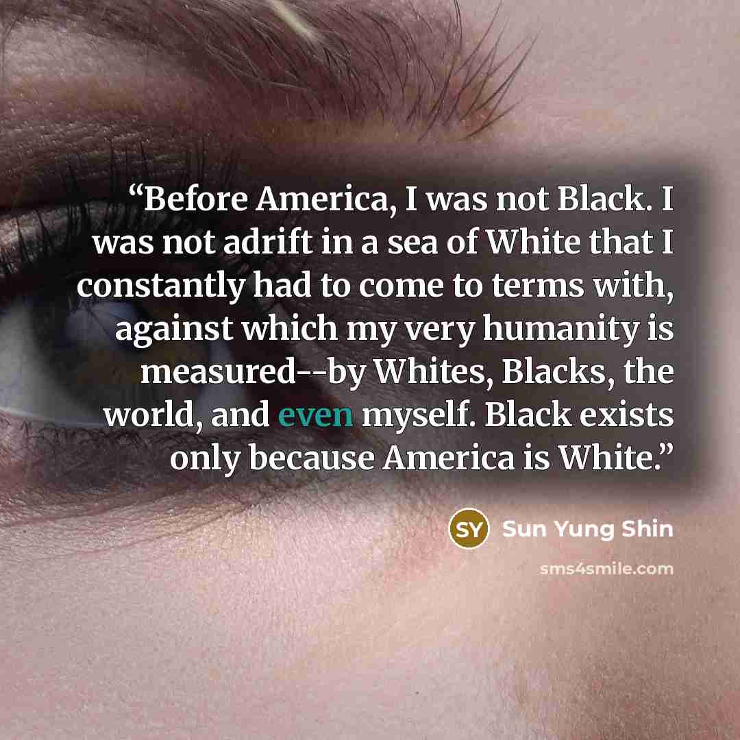 “Before America, I was not Black. I was not adrift in a sea of White that I constantly had to come to terms with, against which my very humanity is measured--by Whites, Blacks, the world, and even myself. Black exists only because America is White.” quote by Sun Yung Shin