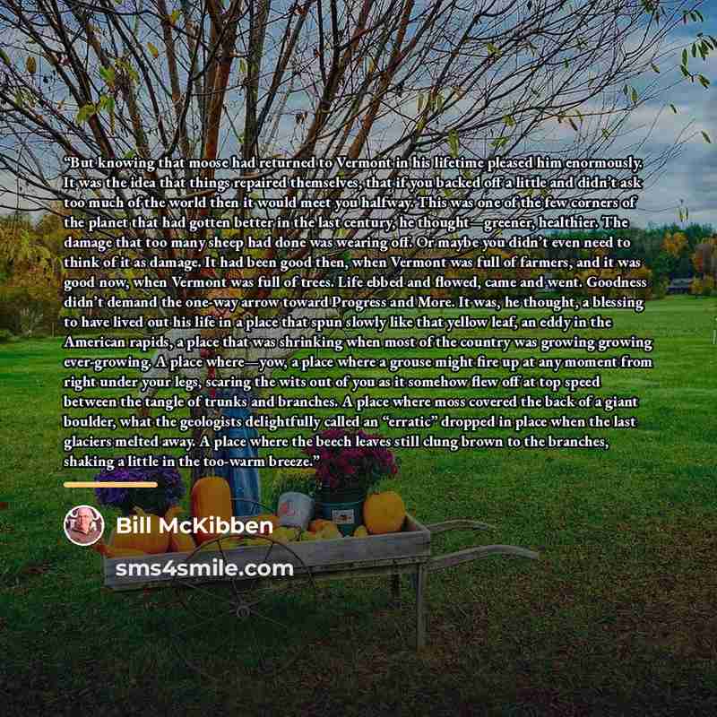 “But knowing that moose had returned to Vermont in his lifetime pleased him enormously. It was the idea that things repaired themselves, that if you backed off a little and didn’t ask too much of the world then it would meet you halfway. This was one of the few corners of the planet that had gotten…” quote by Bill McKibben