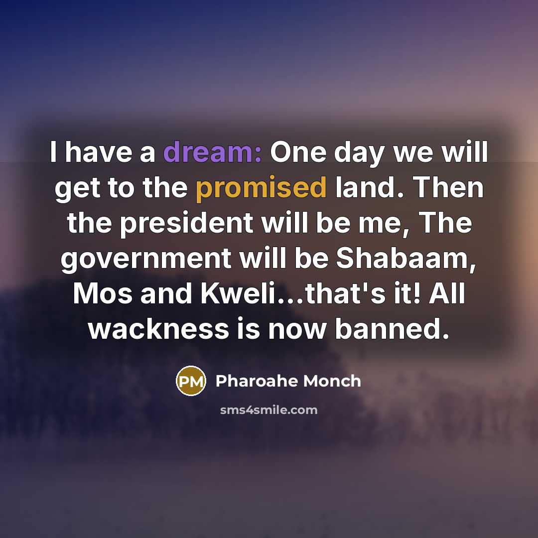 “I have a dream: One day we will get to the promised land. Then the president will be me, The government will be Shabaam, Mos and Kweli...that's it! All wackness is now banned.” quote by Pharoahe Monch