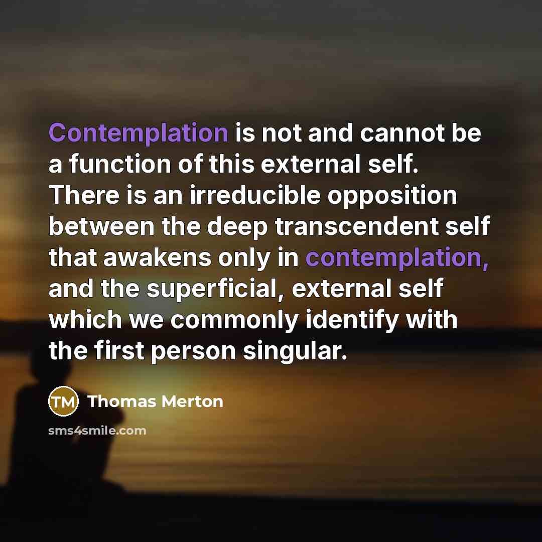 “Contemplation is not and cannot be a function of this external self. There is an irreducible opposition between the deep transcendent self that awakens only in contemplation, and the superficial, external self which we commonly identify with the first person singular.” quote by Thomas Merton