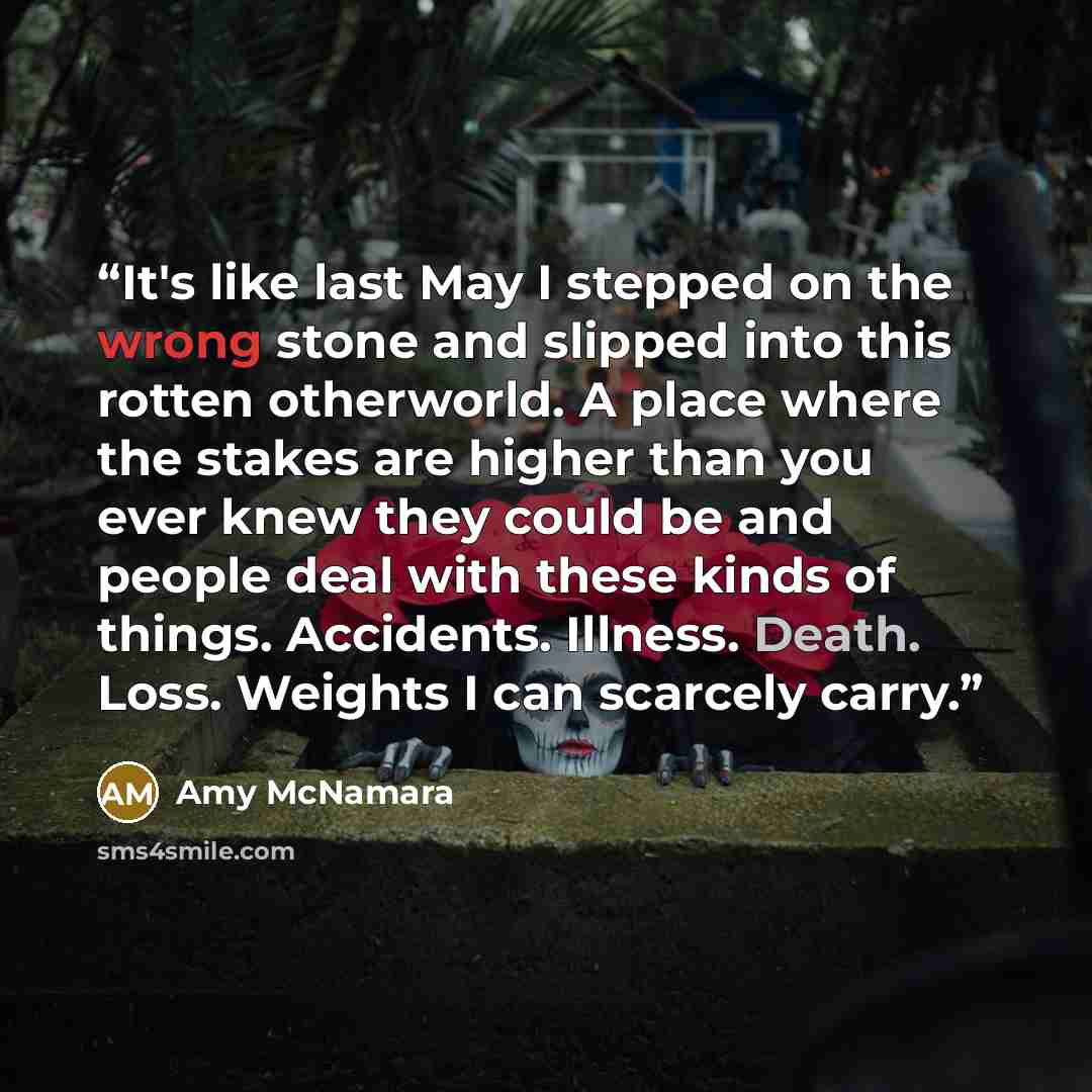 “It's like last May I stepped on the wrong stone and slipped into this rotten otherworld. A place where the stakes are higher than you ever knew they could be and people deal with these kinds of things. Accidents. Illness. Death. Loss. Weights I can scarcely carry.” quote by Amy McNamara