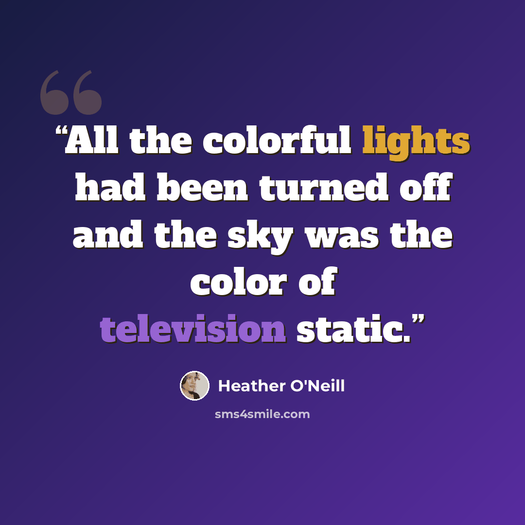 “All the colorful lights had been turned off and the sky was the color of television static.” quote by Heather O'Neill
