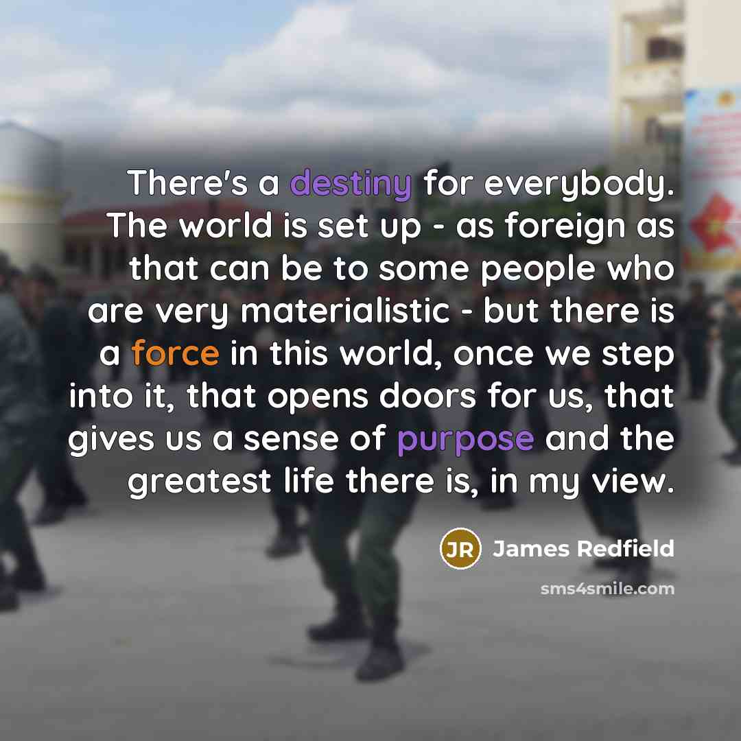“There's a destiny for everybody. The world is set up - as foreign as that can be to some people who are very materialistic - but there is a force in this world, once we step into it, that opens doors for us, that gives us a sense of purpose and the greatest life there is, in my view.” quote by James Redfield