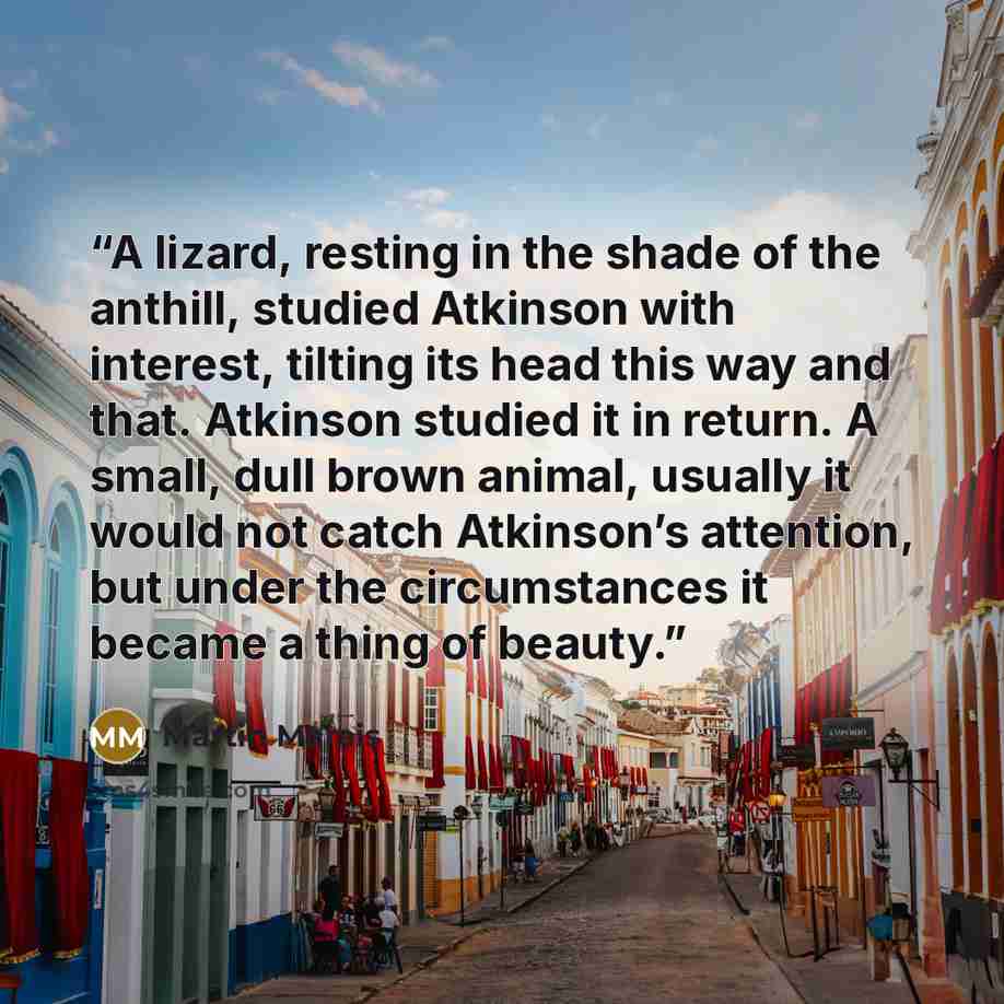“A lizard, resting in the shade of the anthill, studied Atkinson with interest, tilting its head this way and that. Atkinson studied it in return. A small, dull brown animal, usually it would not catch Atkinson’s attention, but under the circumstances it became a thing of beauty.” quote by Martin Marais