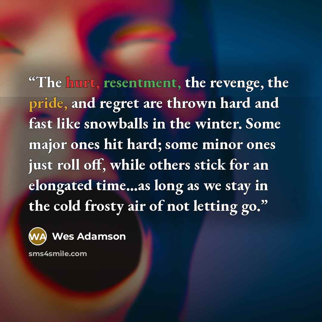 “The hurt, resentment, the revenge, the pride, and regret are thrown hard and fast like snowballs in the winter. Some major ones hit hard; some minor ones just roll off, while others stick for an elongated time…as long as we stay in the cold frosty air of not letting go.” quote by Wes Adamson