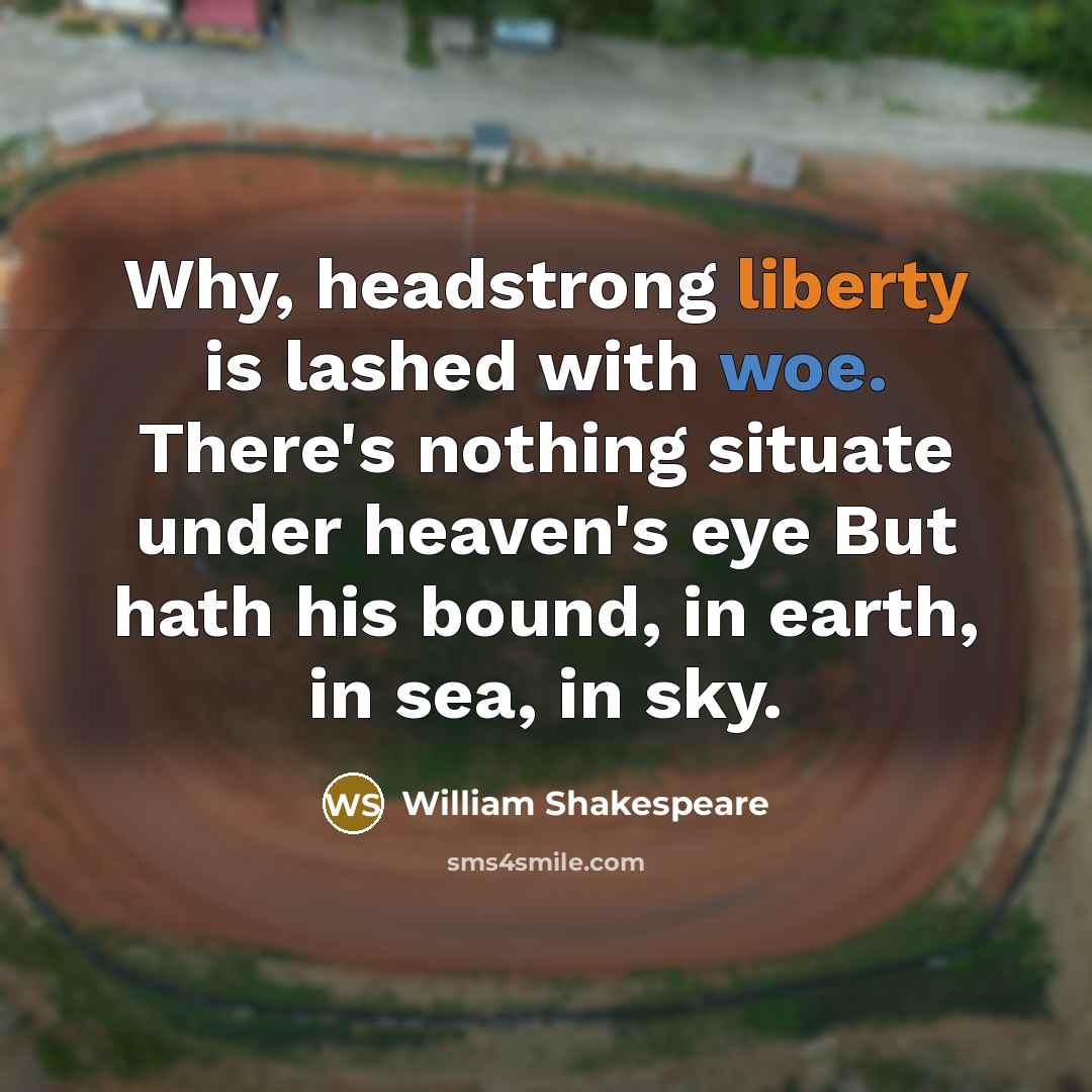 “Why, headstrong liberty is lashed with woe. There's nothing situate under heaven's eye But hath his bound, in earth, in sea, in sky.” quote by William Shakespeare