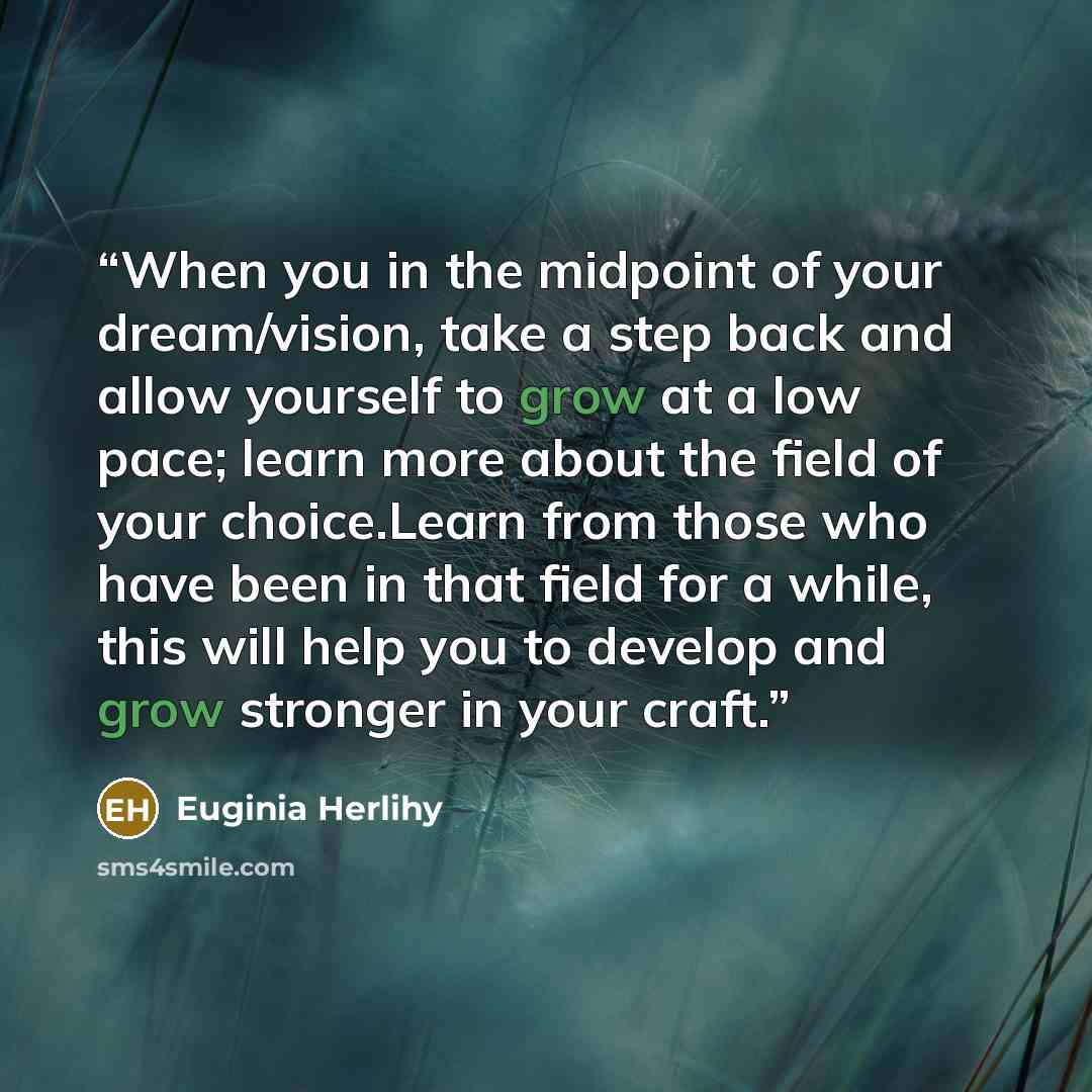 “When you in the midpoint of your dream/vision, take a step back and allow yourself to grow at a low pace; learn more about the field of your choice.Learn from those who have been in that field for a while, this will help you to develop and grow stronger in your craft.” quote by Euginia Herlihy