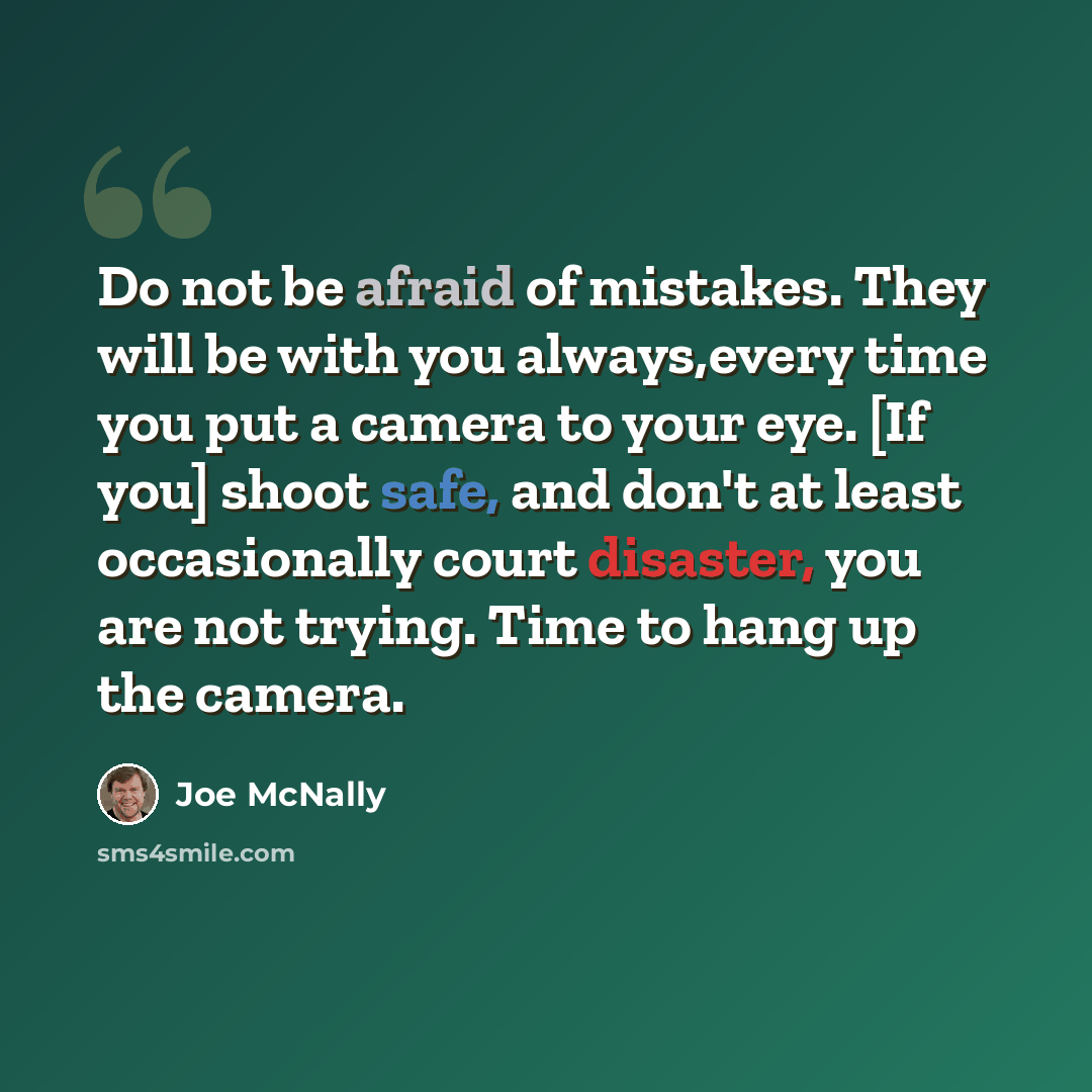 “Do not be afraid of mistakes. They will be with you always,every time you put a camera to your eye. [If you] shoot safe, and don't at least occasionally court disaster, you are not trying. Time to hang up the camera.” quote by Joe McNally