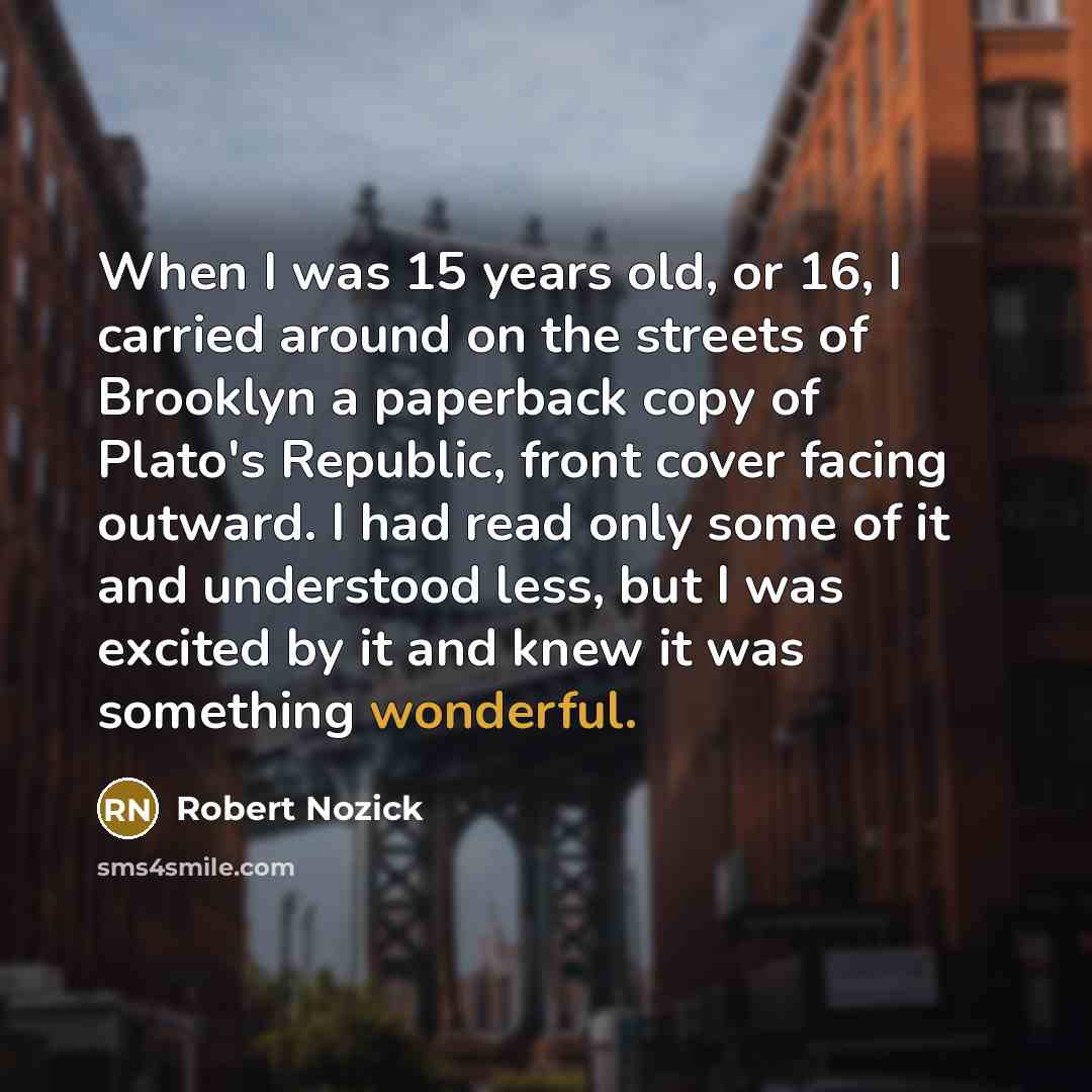 “When I was 15 years old, or 16, I carried around on the streets of Brooklyn a paperback copy of Plato's Republic, front cover facing outward. I had read only some of it and understood less, but I was excited by it and knew it was something wonderful.” quote by Robert Nozick