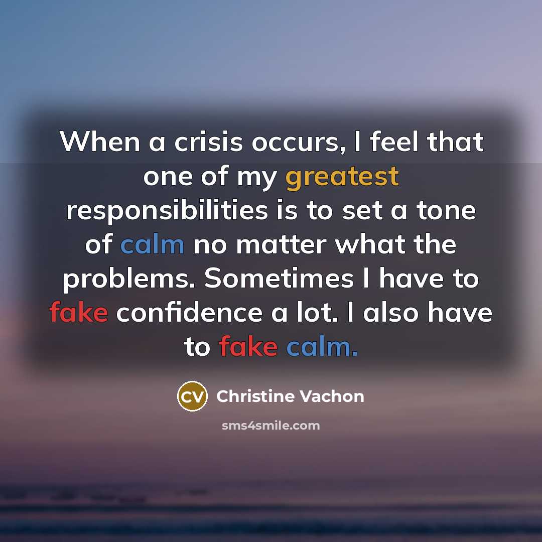 “When a crisis occurs, I feel that one of my greatest responsibilities is to set a tone of calm no matter what the problems. Sometimes I have to fake confidence a lot. I also have to fake calm.” quote by Christine Vachon