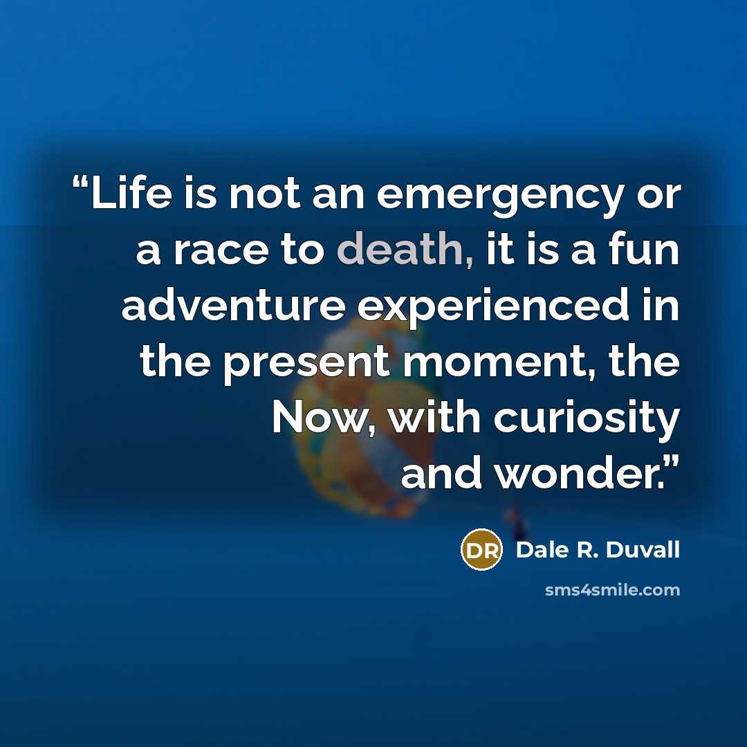 “Life is not an emergency or a race to death, it is a fun adventure experienced in the present moment, the Now, with curiosity and wonder.” quote by Dale R. Duvall