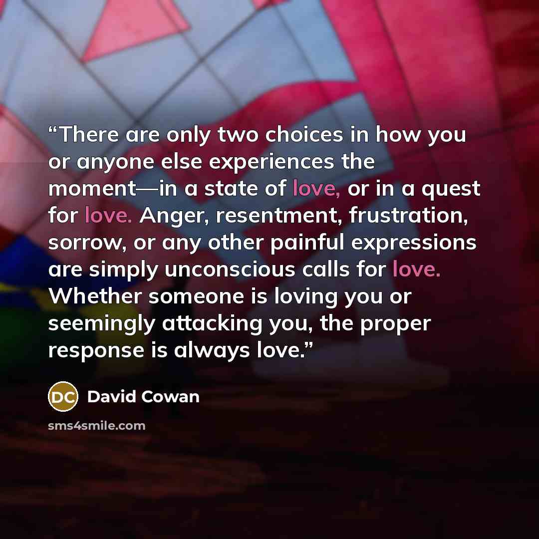 “There are only two choices in how you or anyone else experiences the moment—in a state of love, or in a quest for love. Anger, resentment, frustration, sorrow, or any other painful expressions are simply unconscious calls for love. Whether someone is loving you or seemingly attacking you, the…” quote by David Cowan