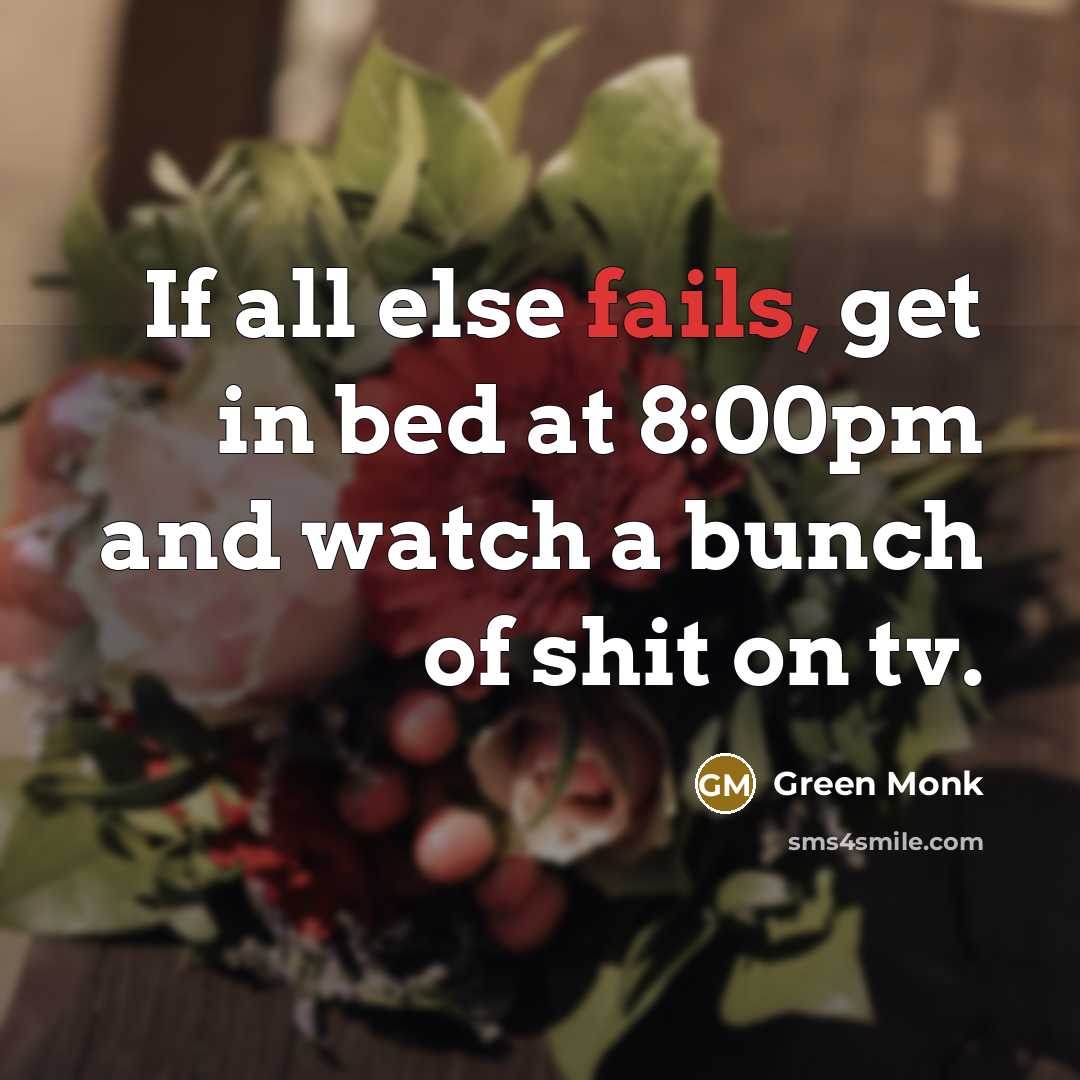 “If all else fails, get in bed at 8:00pm and watch a bunch of shit on tv.” quote by Green Monk