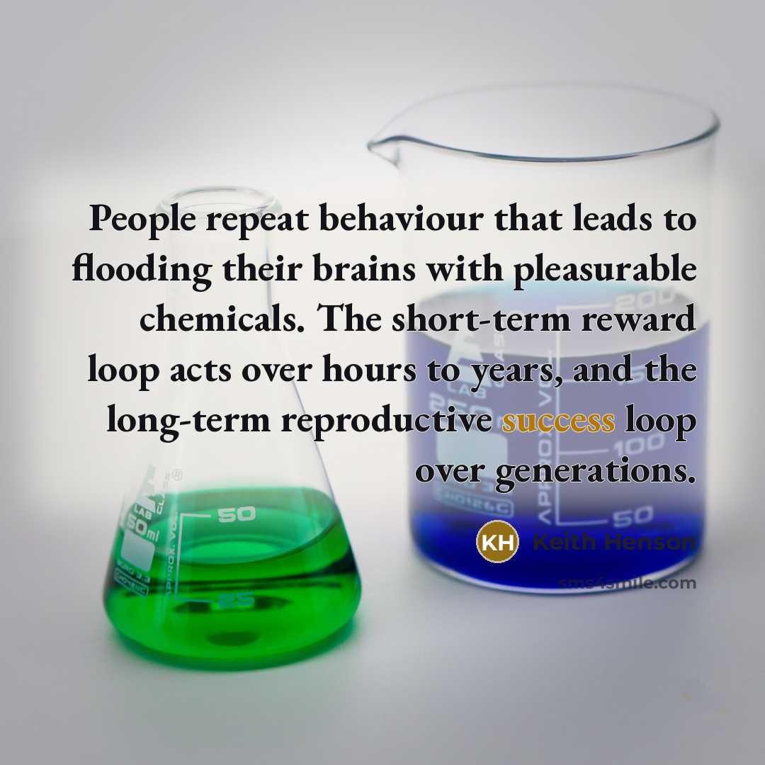 “People repeat behaviour that leads to flooding their brains with pleasurable chemicals. The short-term reward loop acts over hours to years, and the long-term reproductive success loop over generations.” quote by Keith Henson