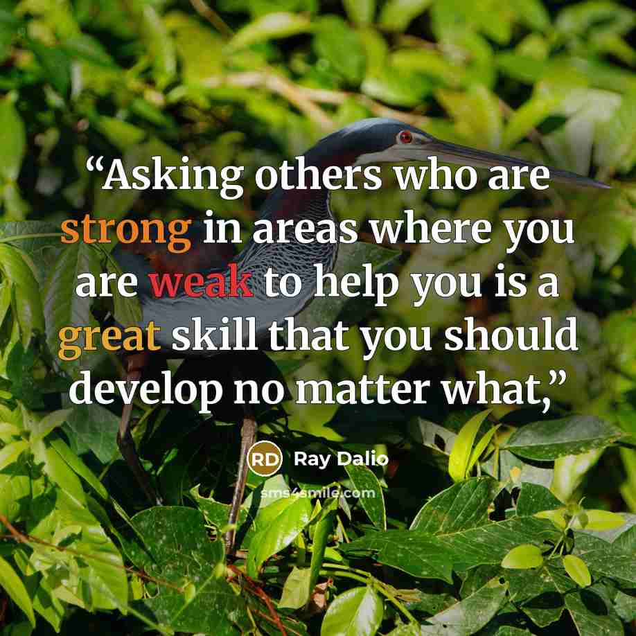 “Asking others who are strong in areas where you are weak to help you is a great skill that you should develop no matter what,” quote by Ray Dalio