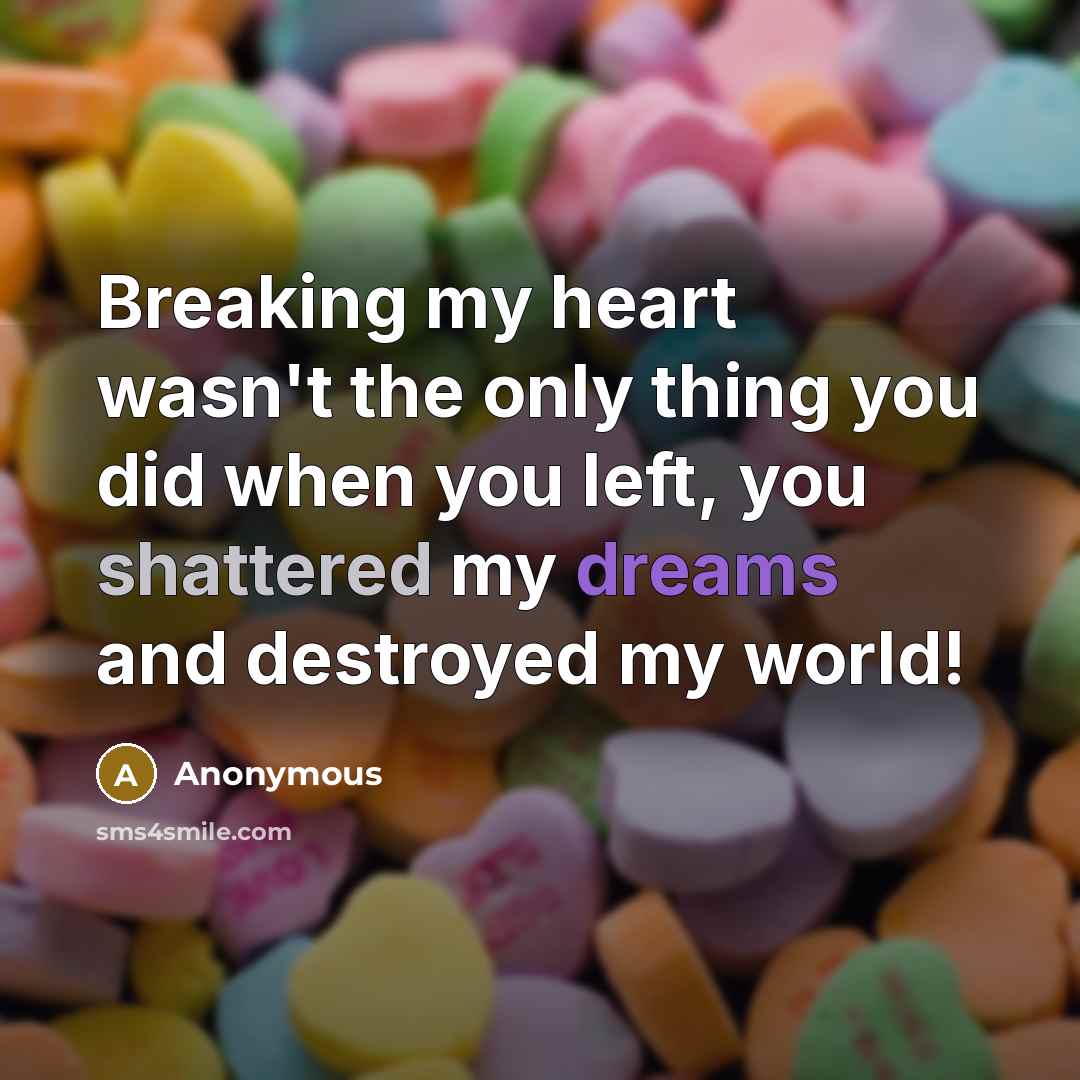 “Breaking my heart wasn't the only thing you did when you left, you shattered my dreams and destroyed my world!” quote by Anonymous