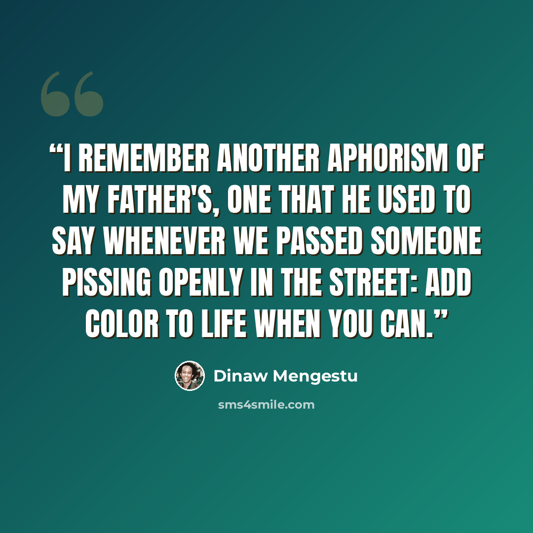 “I remember another aphorism of my father's, one that he used to say whenever we passed someone pissing openly in the street: add color to life when you can.” quote by Dinaw Mengestu