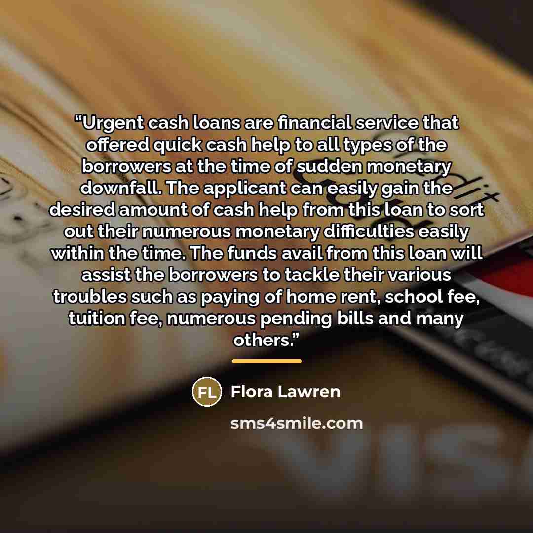 “Urgent cash loans are financial service that offered quick cash help to all types of the borrowers at the time of sudden monetary downfall. The applicant can easily gain the desired amount of cash help from this loan to sort out their numerous monetary difficulties easily within the time. The…” quote by Flora Lawren