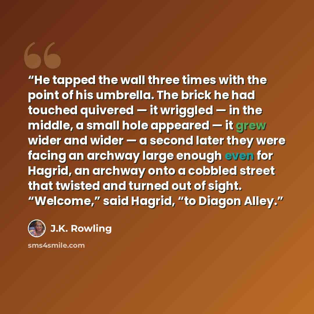 “He tapped the wall three times with the point of his umbrella. The brick he had touched quivered — it wriggled — in the middle, a small hole appeared — it grew wider and wider — a second later they were facing an archway large enough even for Hagrid, an archway onto a cobbled street that twisted…” quote by J.K. Rowling