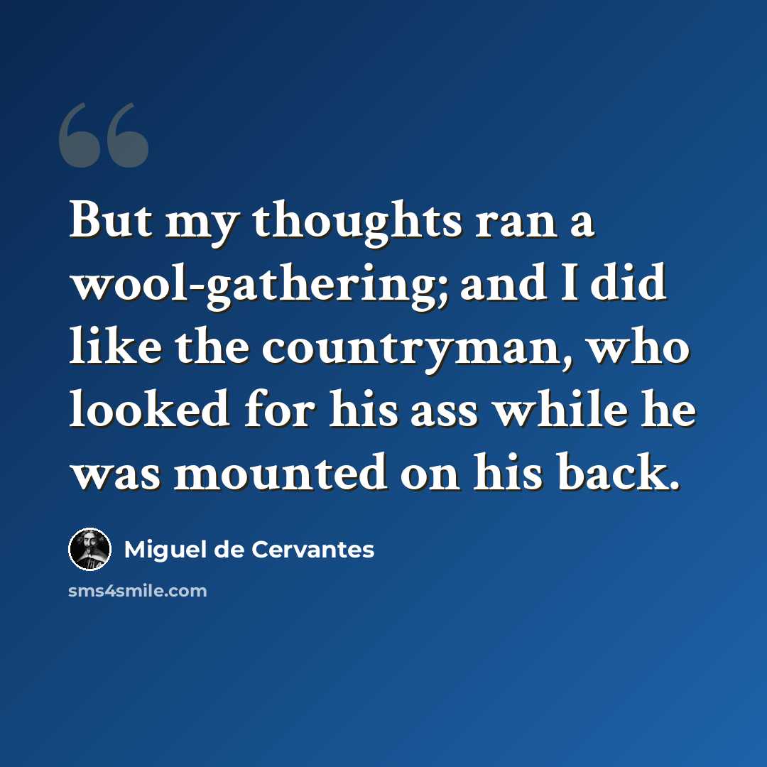 “But my thoughts ran a wool-gathering; and I did like the countryman, who looked for his ass while he was mounted on his back.” quote by Miguel de Cervantes