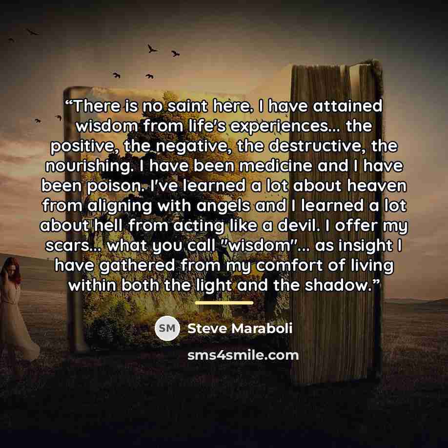 “There is no saint here. I have attained wisdom from life's experiences... the positive, the negative, the destructive, the nourishing. I have been medicine and I have been poison. I've learned a lot about heaven from aligning with angels and I learned a lot about hell from acting like a devil. I…” quote by Steve Maraboli