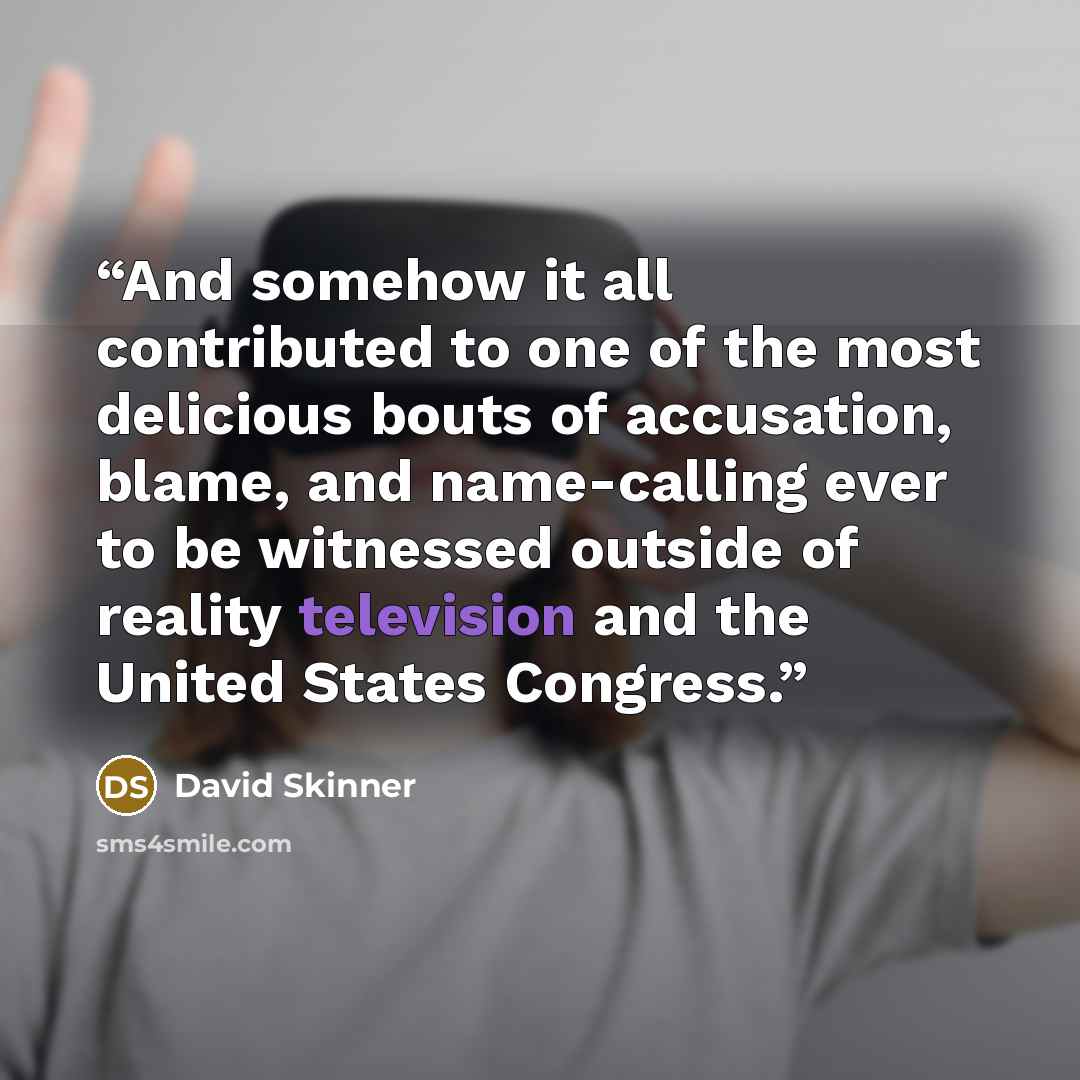 “And somehow it all contributed to one of the most delicious bouts of accusation, blame, and name-calling ever to be witnessed outside of reality television and the United States Congress.” quote by David Skinner