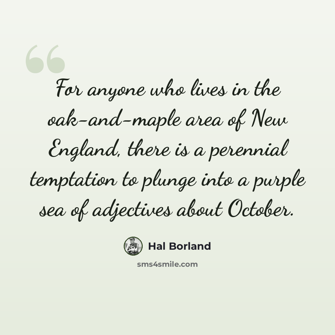 “For anyone who lives in the oak-and-maple area of New England, there is a perennial temptation to plunge into a purple sea of adjectives about October.” quote by Hal Borland