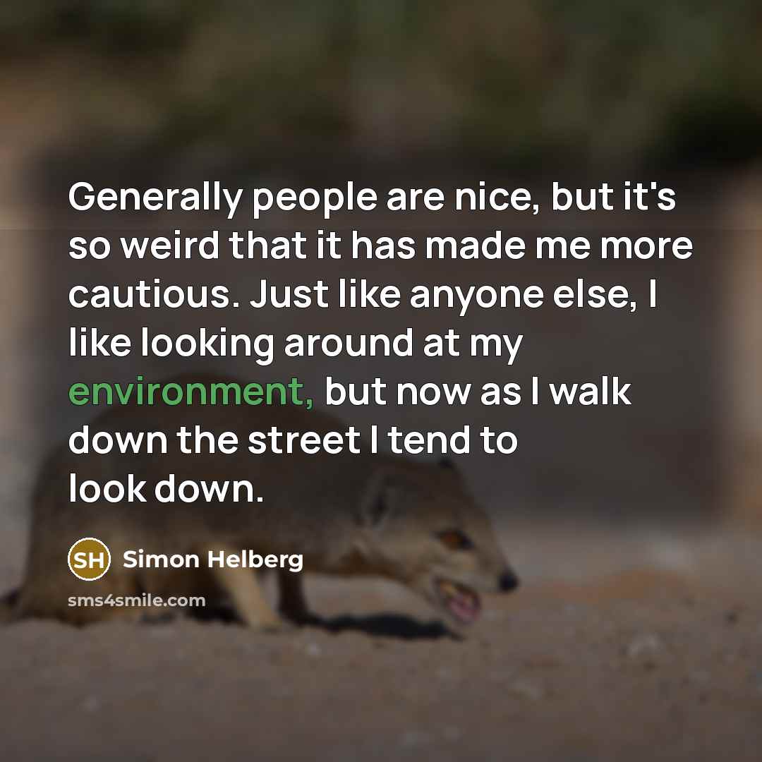 “Generally people are nice, but it's so weird that it has made me more cautious. Just like anyone else, I like looking around at my environment, but now as I walk down the street I tend to look down.” quote by Simon Helberg