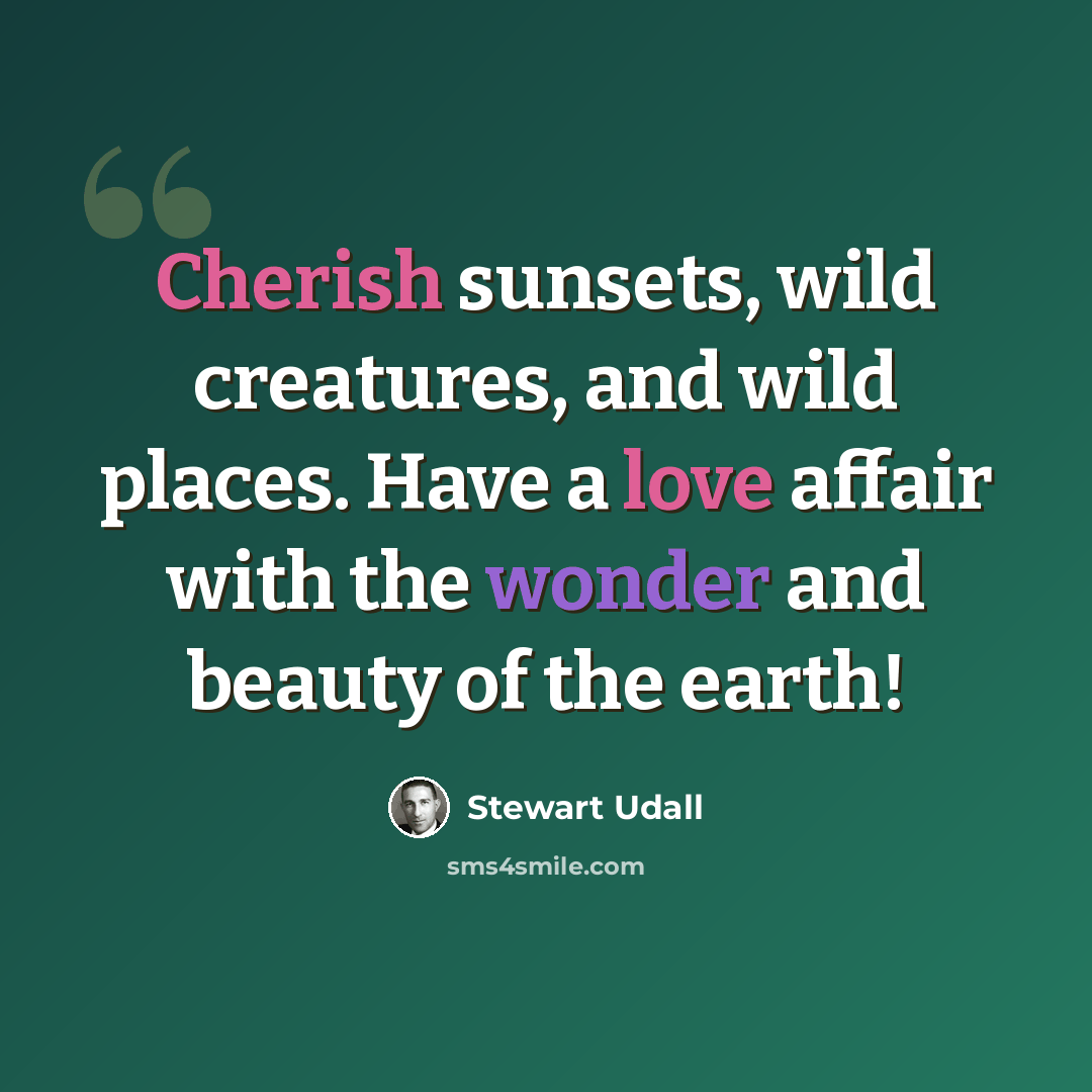 “Cherish sunsets, wild creatures, and wild places. Have a love affair with the wonder and beauty of the earth!” quote by Stewart Udall