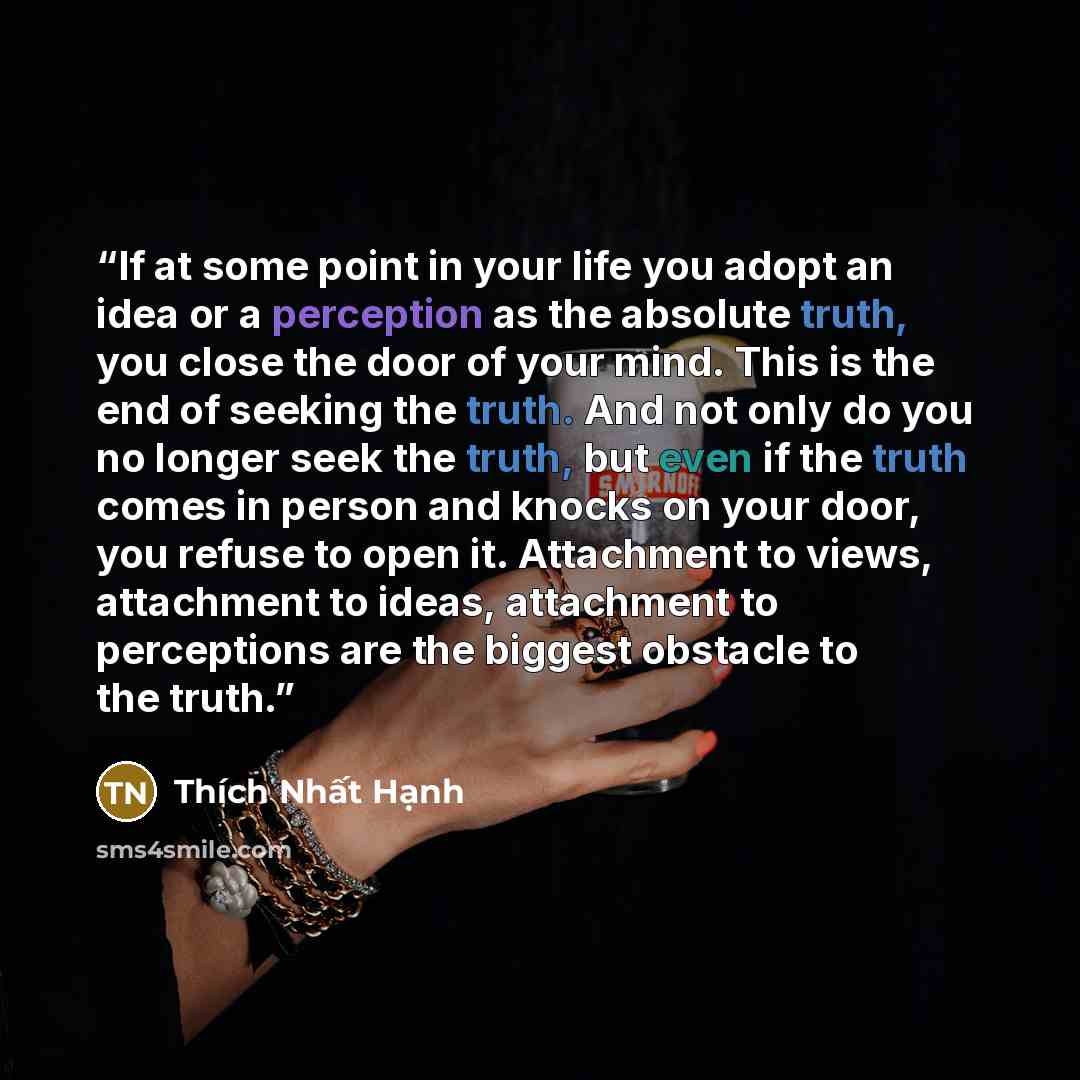 “If at some point in your life you adopt an idea or a perception as the absolute truth, you close the door of your mind. This is the end of seeking the truth. And not only do you no longer seek the truth, but even if the truth comes in person and knocks on your door, you refuse to open it…” quote by Thich Nhat Hanh