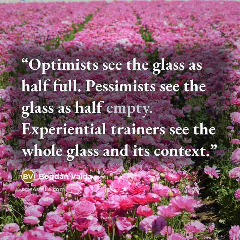 “Optimists see the glass as half full. Pessimists see the glass as half empty. Experiential trainers see the whole glass and its context.” quote by Bogdan Vaida