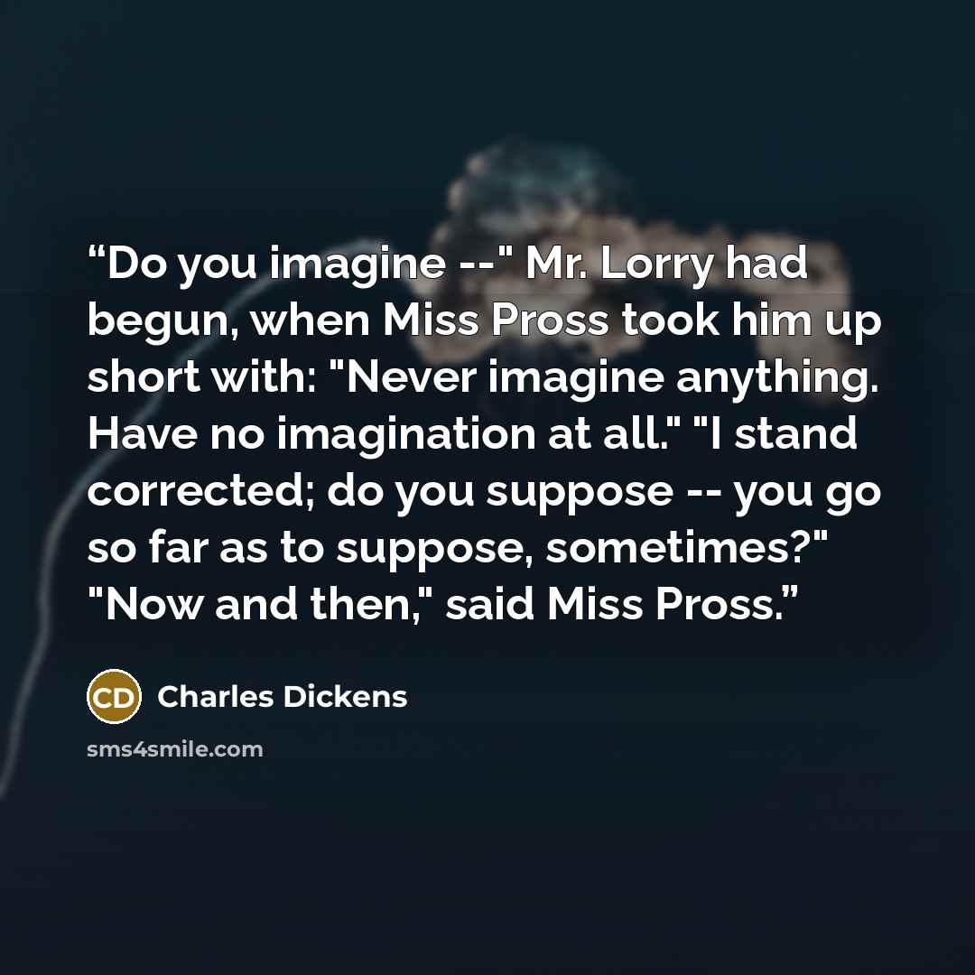 “Do you imagine --" Mr. Lorry had begun, when Miss Pross took him up short with: "Never imagine anything. Have no imagination at all." "I stand corrected; do you suppose -- you go so far as to suppose, sometimes?" "Now and then," said Miss Pross.” quote by Charles Dickens
